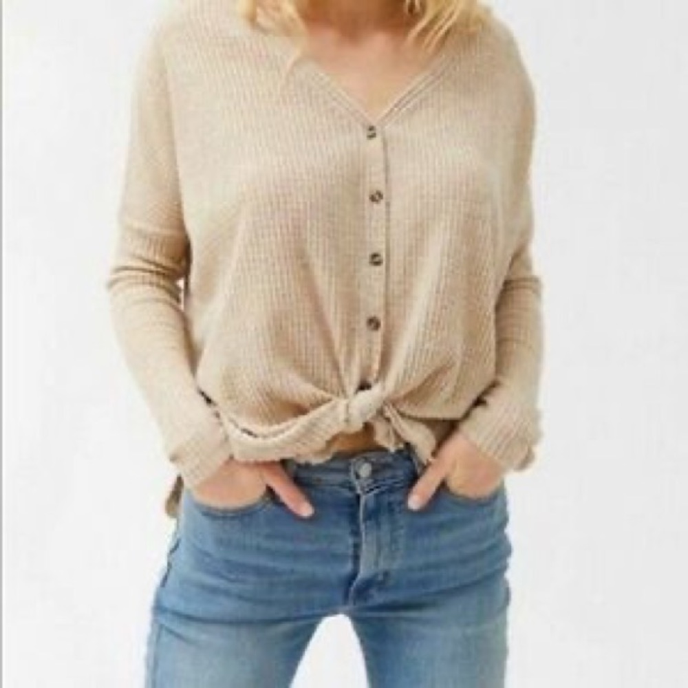COPY - Urban Outfitters Waffle Knit Front Button up Long Sleeve in “Khaki”
